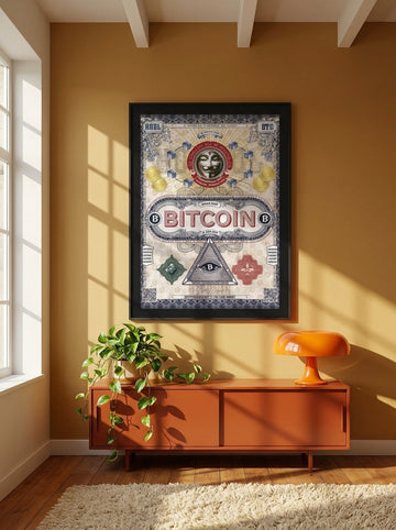 Oversized statement modern wall art print styled on the wall in a retro 70s living room