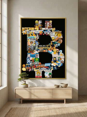 Oversized statement canvas wall art with a gold leaf surround styled on the wall in a warm Japandi living room