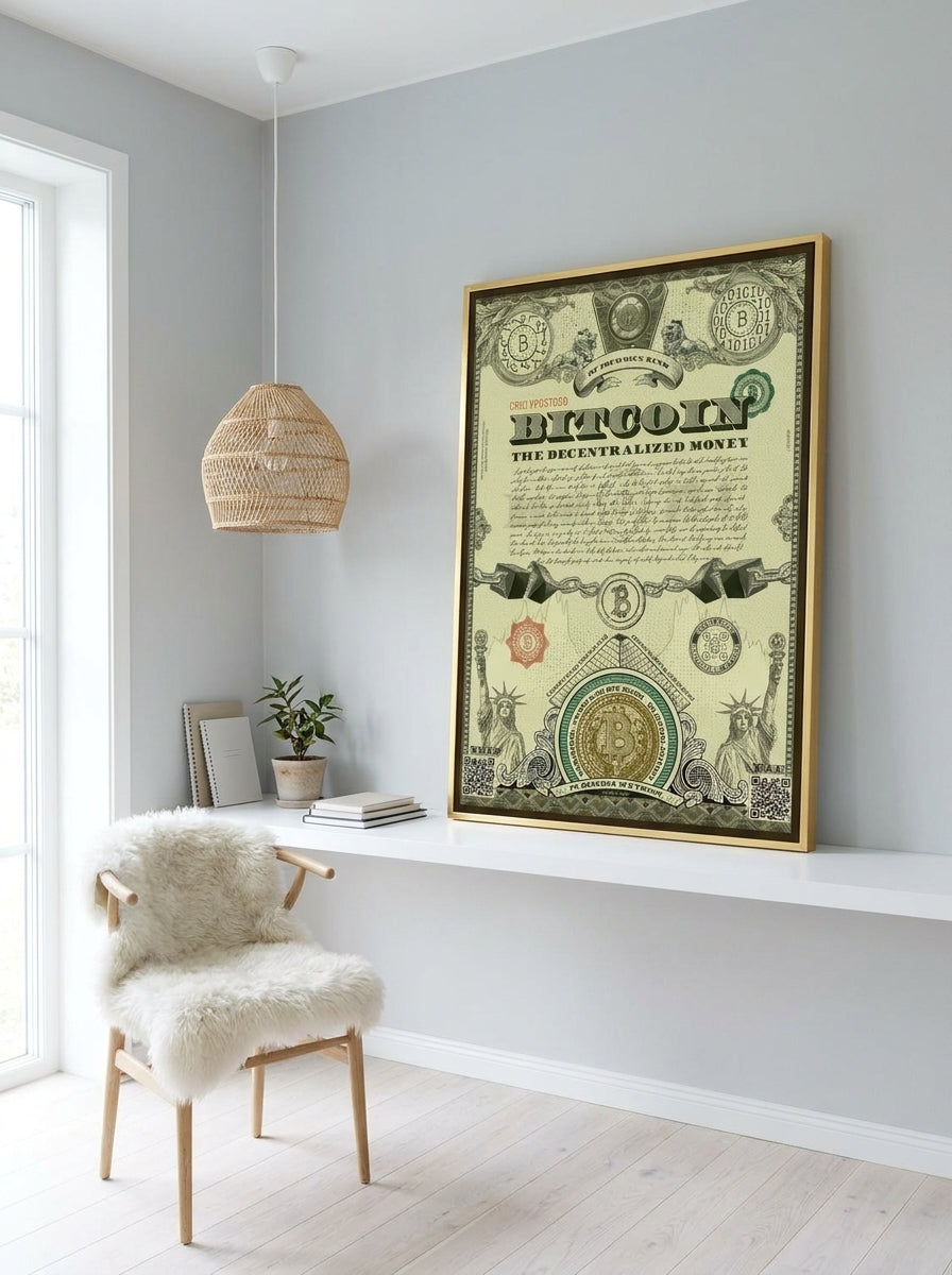 Canvas wall art with a gold leaf surround standing on a shelf in a bright Scandinavian home office