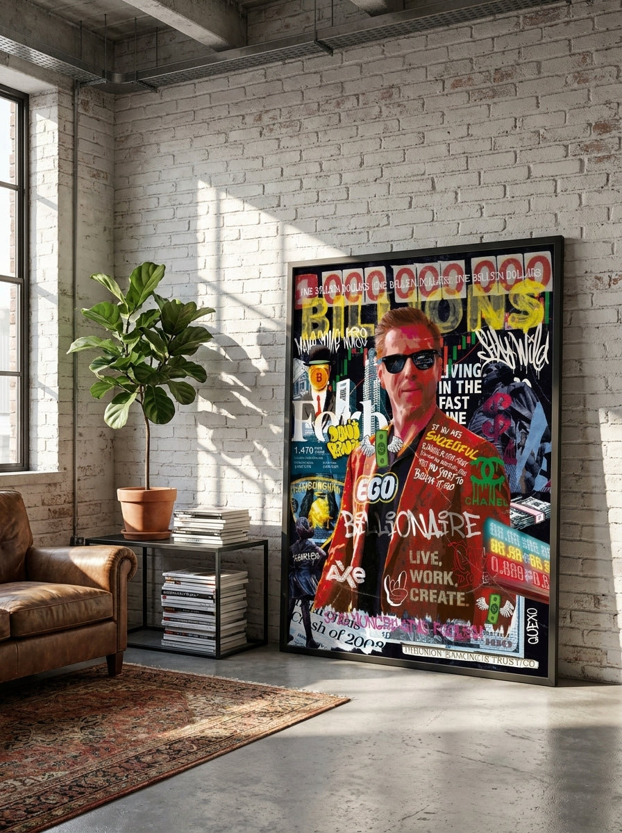 Oversized statement modern wall art print leaning against the wall in an industrial loft living room
