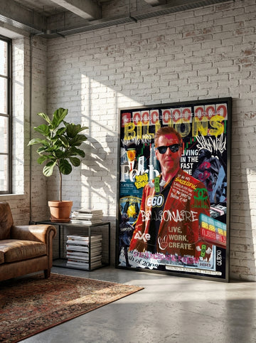 Oversized statement modern wall art print leaning against the wall in an industrial loft living room