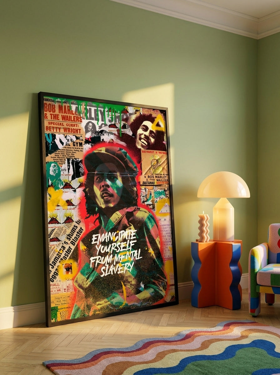 Oversized statement modern wall art print leaning against the wall in a colourful eclectic living room