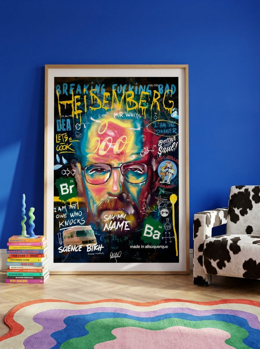 Oversized statement modern wall art print leaning against the wall in a colourful eclectic living room