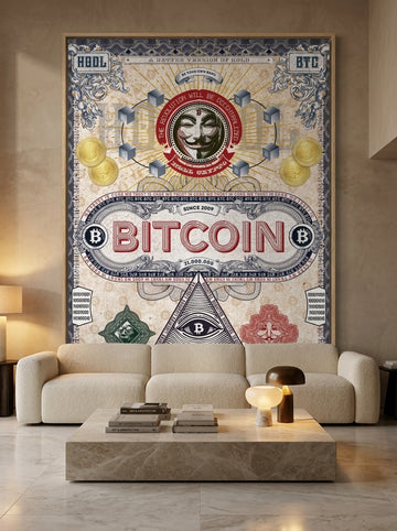 Oversized statement canvas wall art with a natural timber surround styled on the wall in a luxe living room