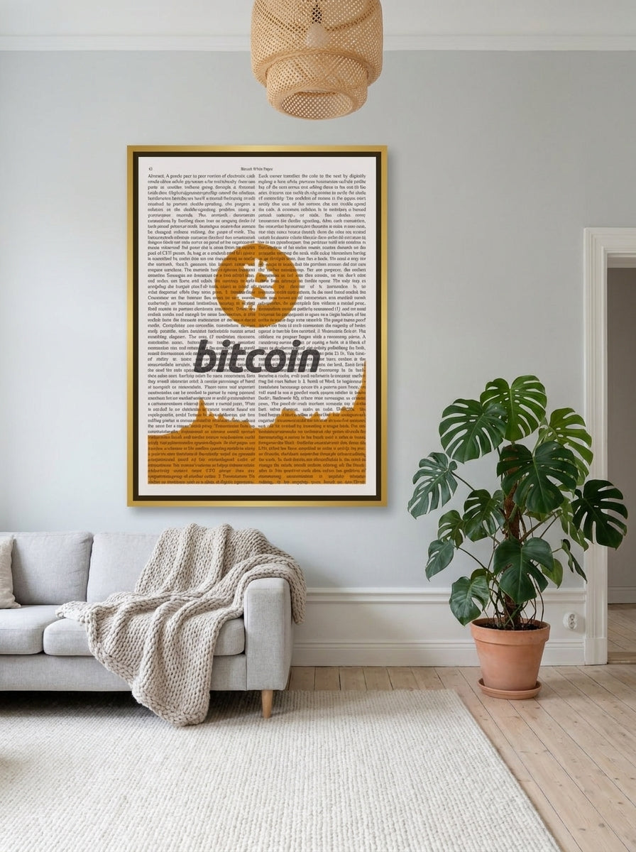 Oversized statement canvas wall art with a gold leaf surround styled on the wall in a bright Scandinavian living room