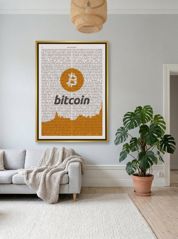 Oversized statement canvas wall art with a gold leaf surround styled on the wall in a bright Scandinavian living room