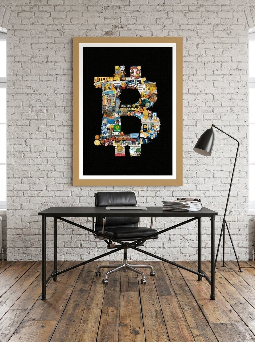Modern wall art print styled on the wall in an industrial loft home office