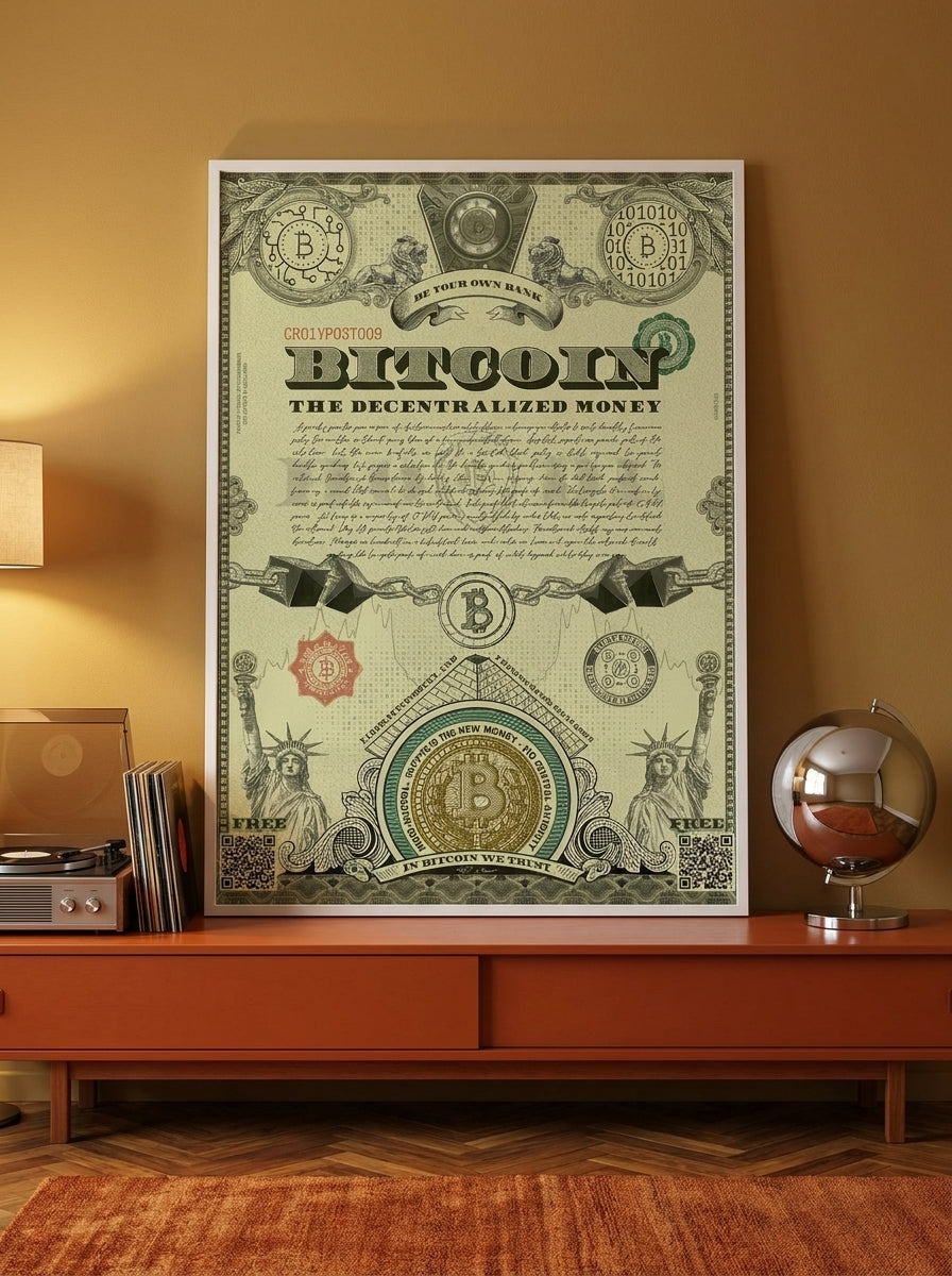 Modern wall art print standing on a sideboard in a retro 70s living room