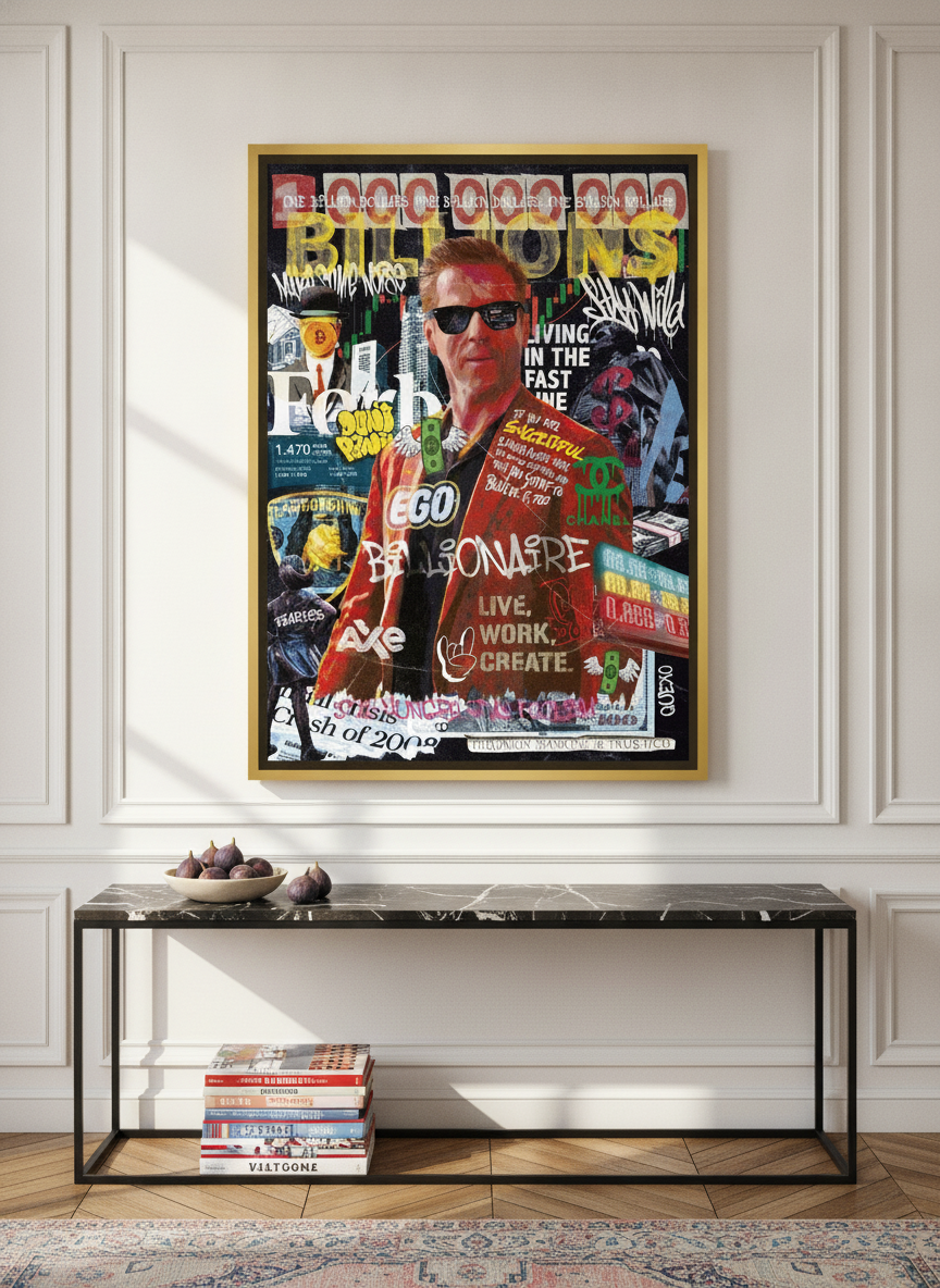Oversized statement canvas wall art with a gold leaf surround styled on the wall in a Parisian living room