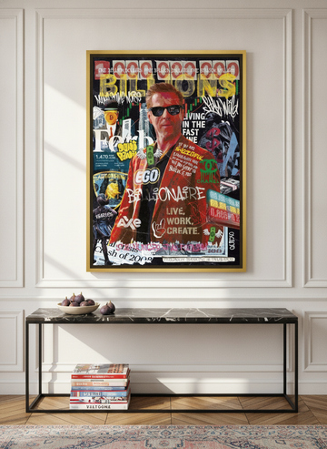 Oversized statement canvas wall art with a gold leaf surround styled on the wall in a Parisian living room