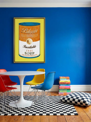 Canvas wall art with a gold leaf surround styled on the wall in a colourful eclectic dining room