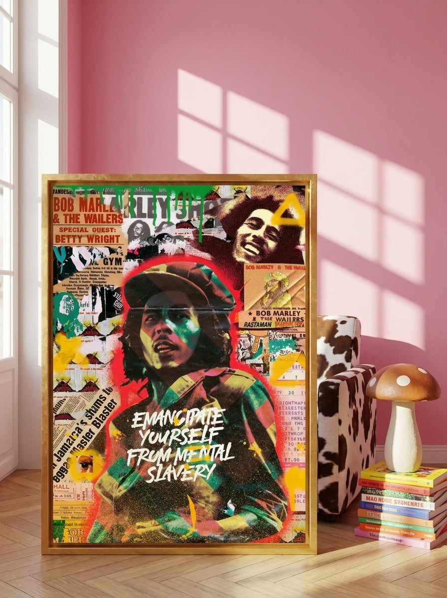Canvas wall art with a gold leaf surround leaning against the wall in a colourful eclectic dining room