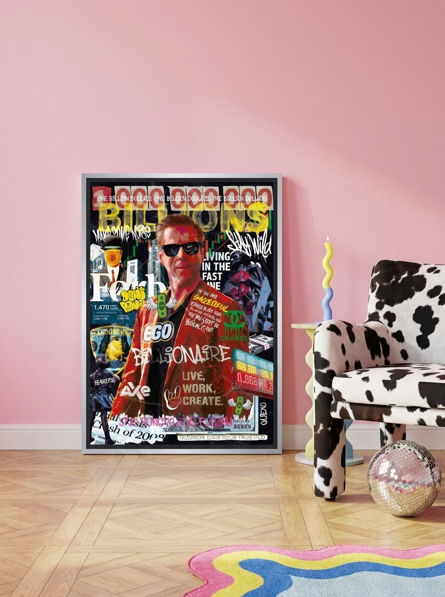 Canvas wall art with a silver leaf surround leaning against the wall in a colourful eclectic dining room