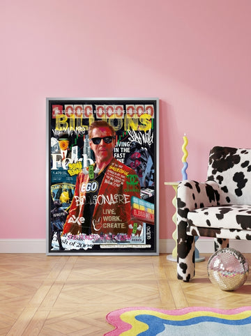 Canvas wall art with a silver leaf surround leaning against the wall in a colourful eclectic dining room