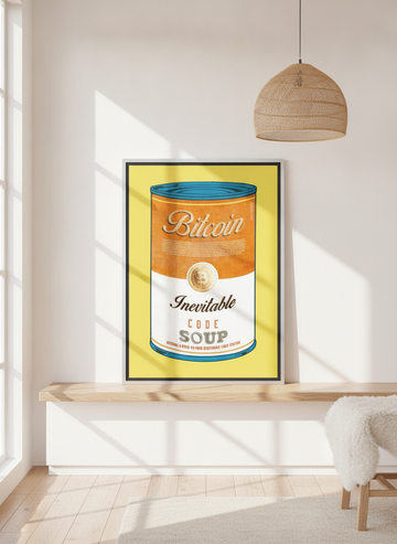 Canvas wall art with a silver leaf surround standing on a kitchen bench in a bright Scandinavian kitchen