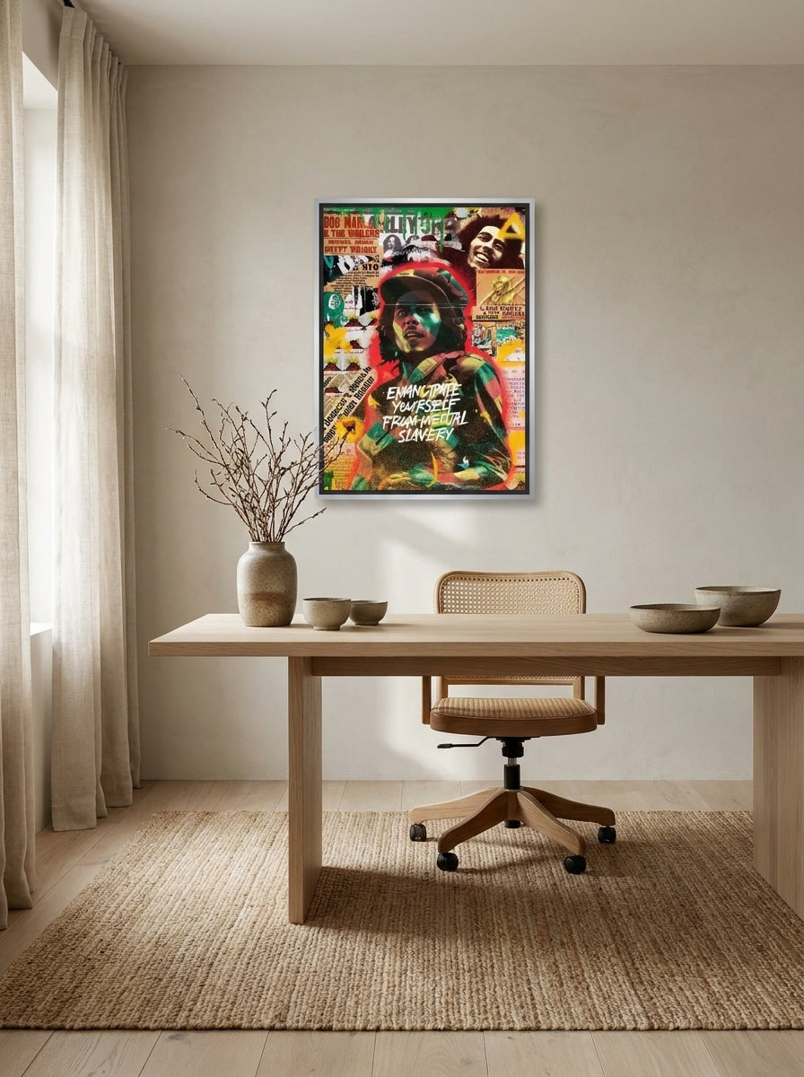 Canvas wall art with a silver leaf surround styled on the wall in a warm Japandi home office