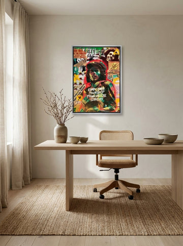 Canvas wall art with a silver leaf surround styled on the wall in a warm Japandi home office
