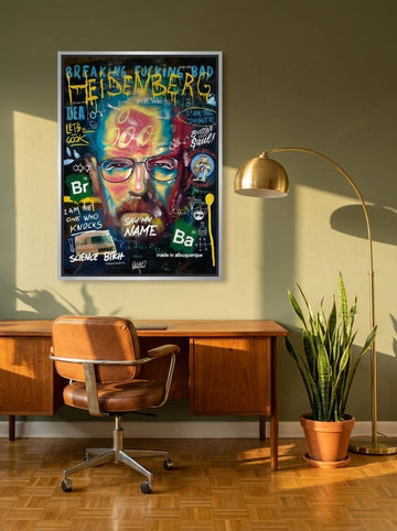 Canvas wall art with a silver leaf surround styled on the wall in a mid-century home office