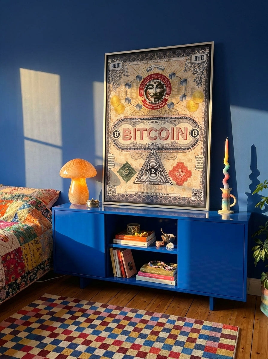 Canvas wall art with a silver leaf surround standing on a sideboard in a colourful eclectic bedroom