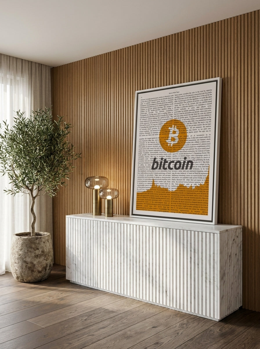 Canvas wall art with a white surround standing on a sideboard in a luxe home office