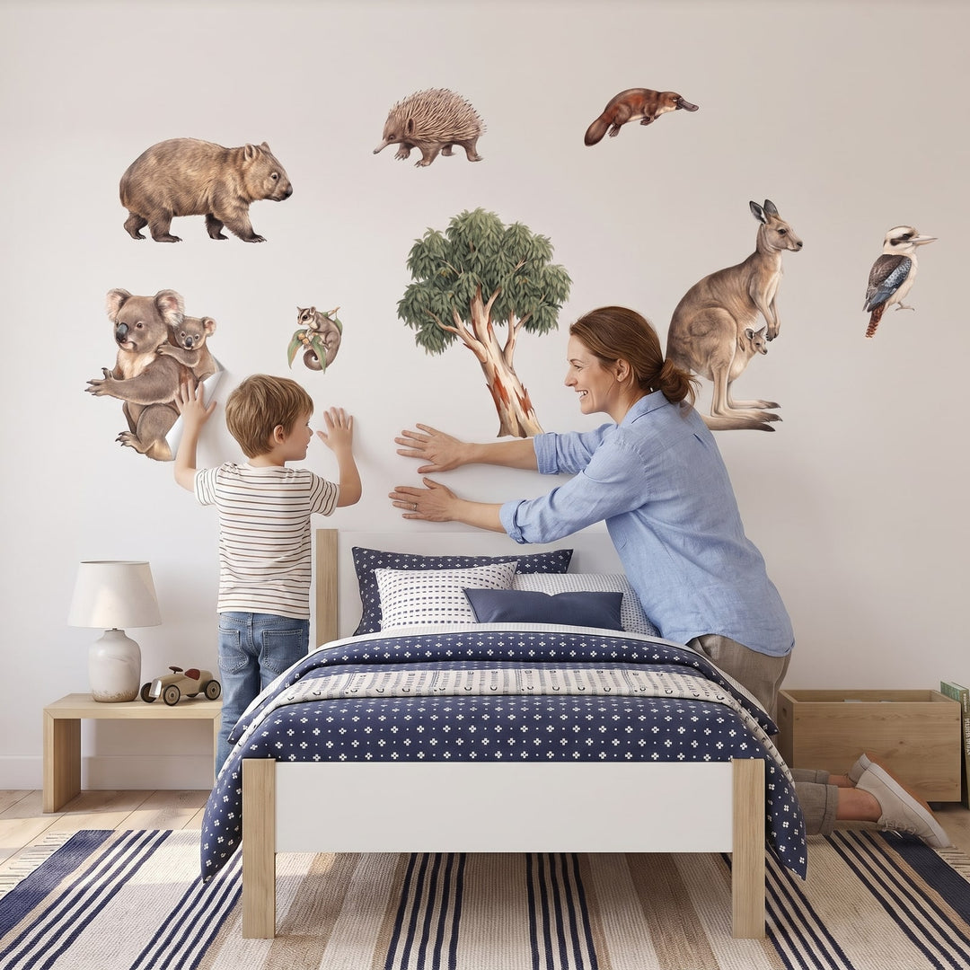 Aussie Bush Babies Wall Decal Set Wall Sticker Decals wall decals: a boy and his mum putting the decals up in a boy's bedroom