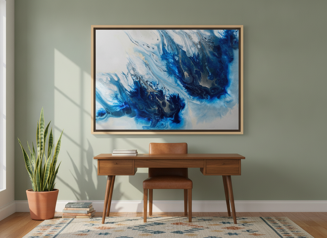 Oversized statement canvas wall art with a natural timber surround styled on the wall in a mid-century home office
