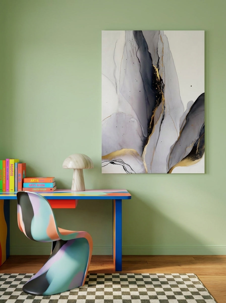 Stretched canvas wall art styled on the wall in a colourful eclectic home office