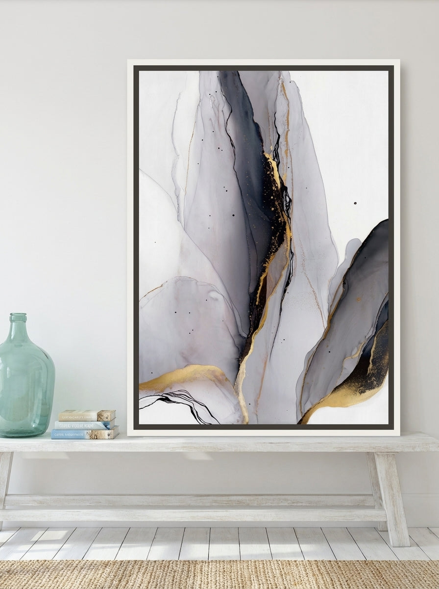 Canvas wall art with a white surround standing on a console in a coastal bedroom