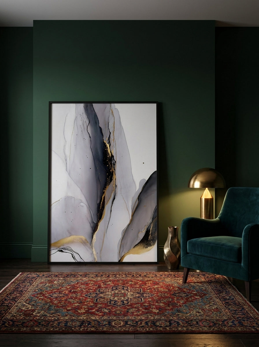 Oversized statement modern wall art print leaning against the wall in a moody bedroom