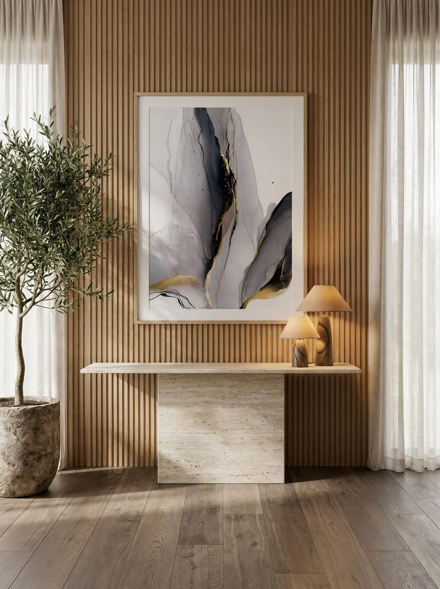 Modern wall art print styled on the wall in a luxe living room