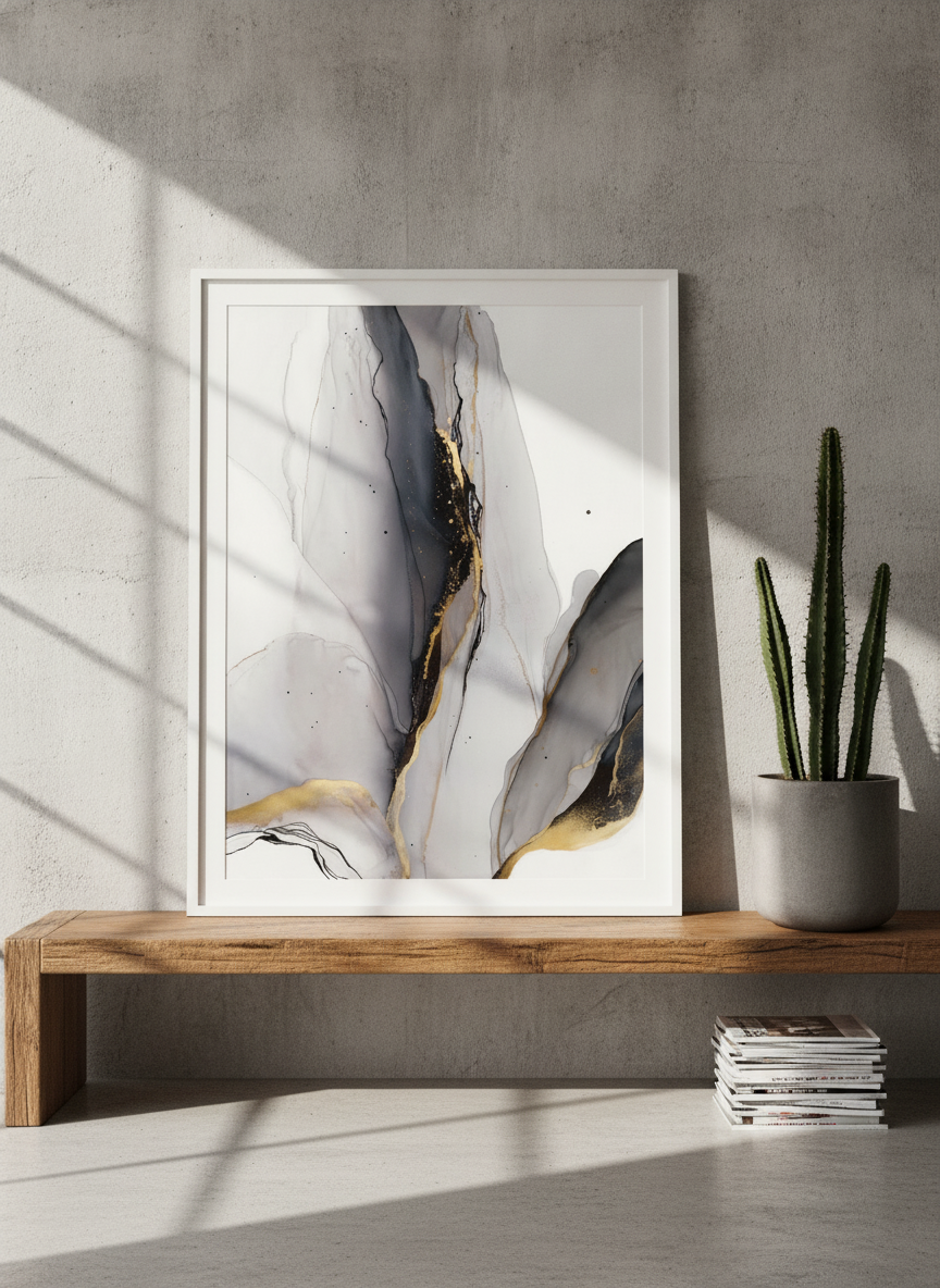 Modern wall art print standing on a bench in an industrial loft home office