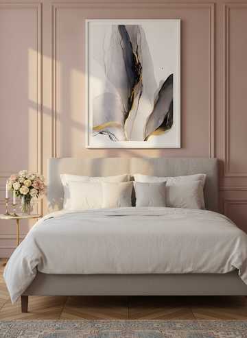 Modern wall art print styled on the wall in a Parisian bedroom
