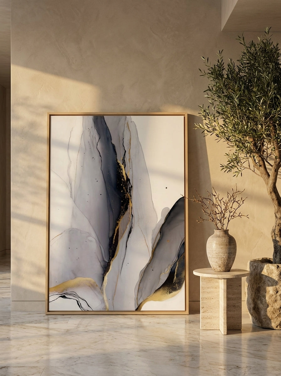 Oversized statement canvas wall art with a natural timber surround leaning against the wall in a luxe living room