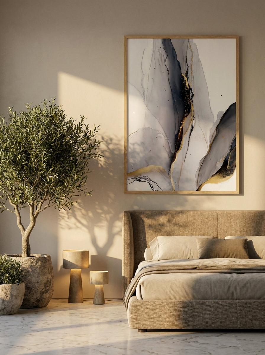 Oversized statement modern wall art print styled on the wall in a luxe bedroom