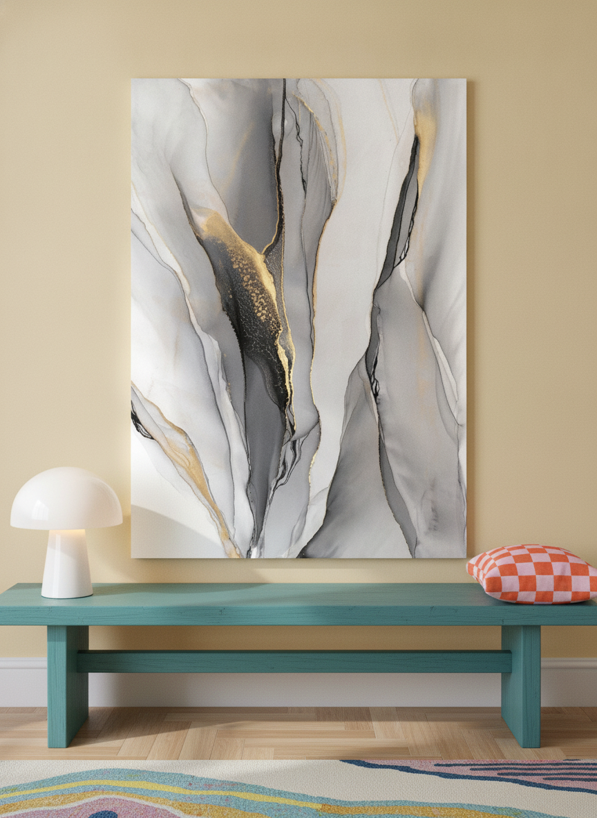 Stretched canvas wall art standing on a side table in a colourful eclectic home office