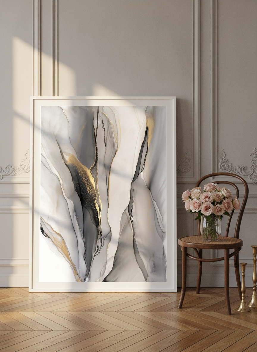 Modern wall art print leaning against the wall in a Parisian bedroom