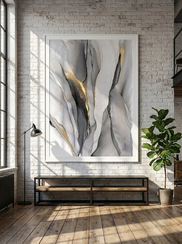 Oversized statement modern wall art print styled on the wall in an industrial loft living room
