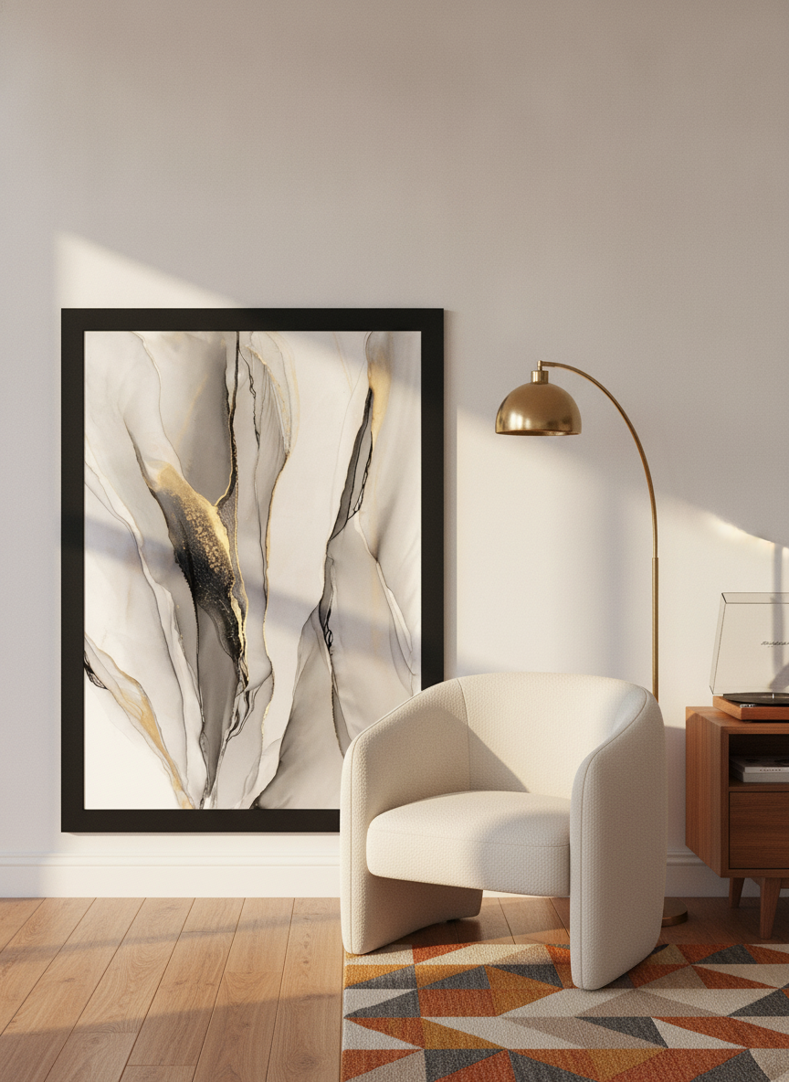 Modern wall art print leaning against the wall in a mid-century dining room