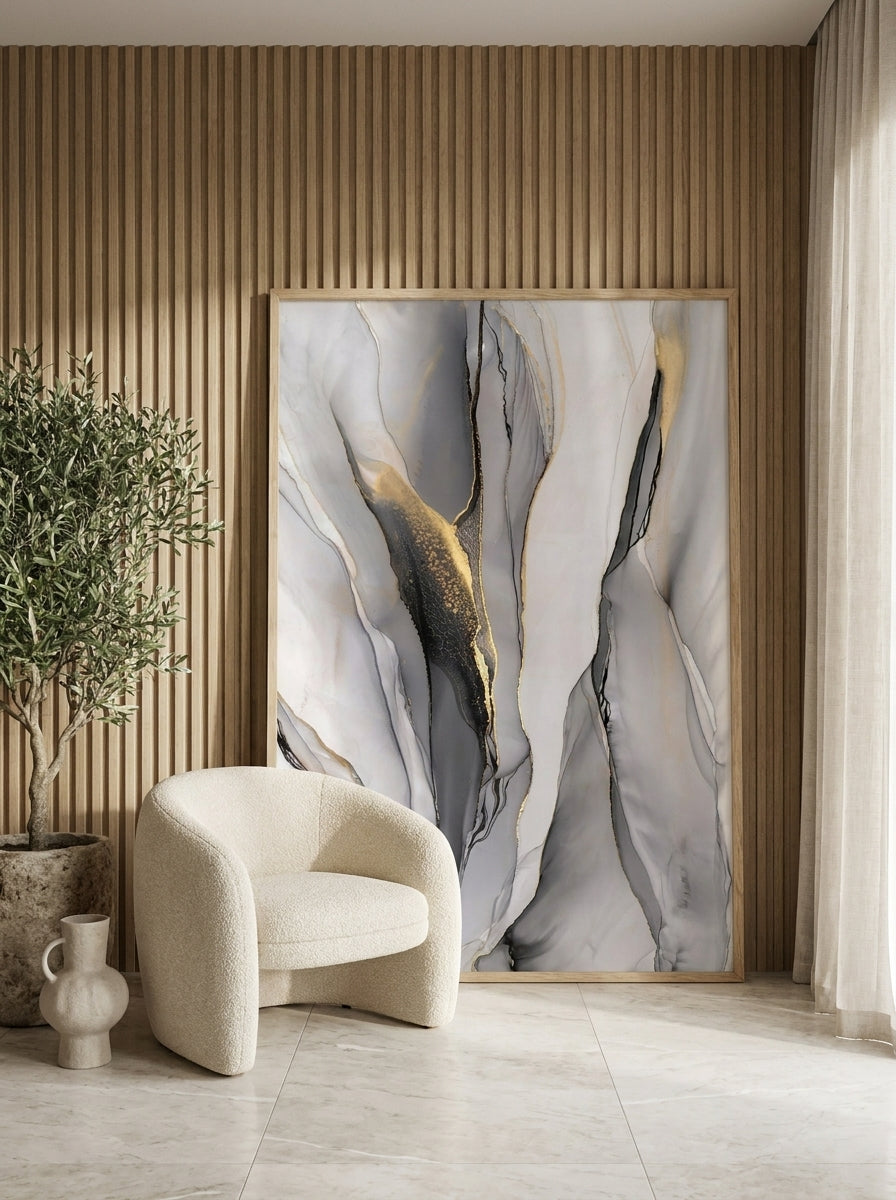 Oversized statement modern wall art print leaning against the wall in a luxe dining room