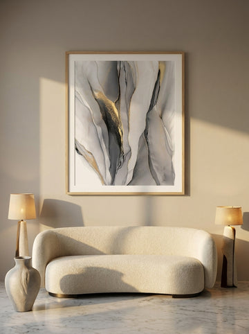 Modern wall art print styled on the wall in a luxe living room