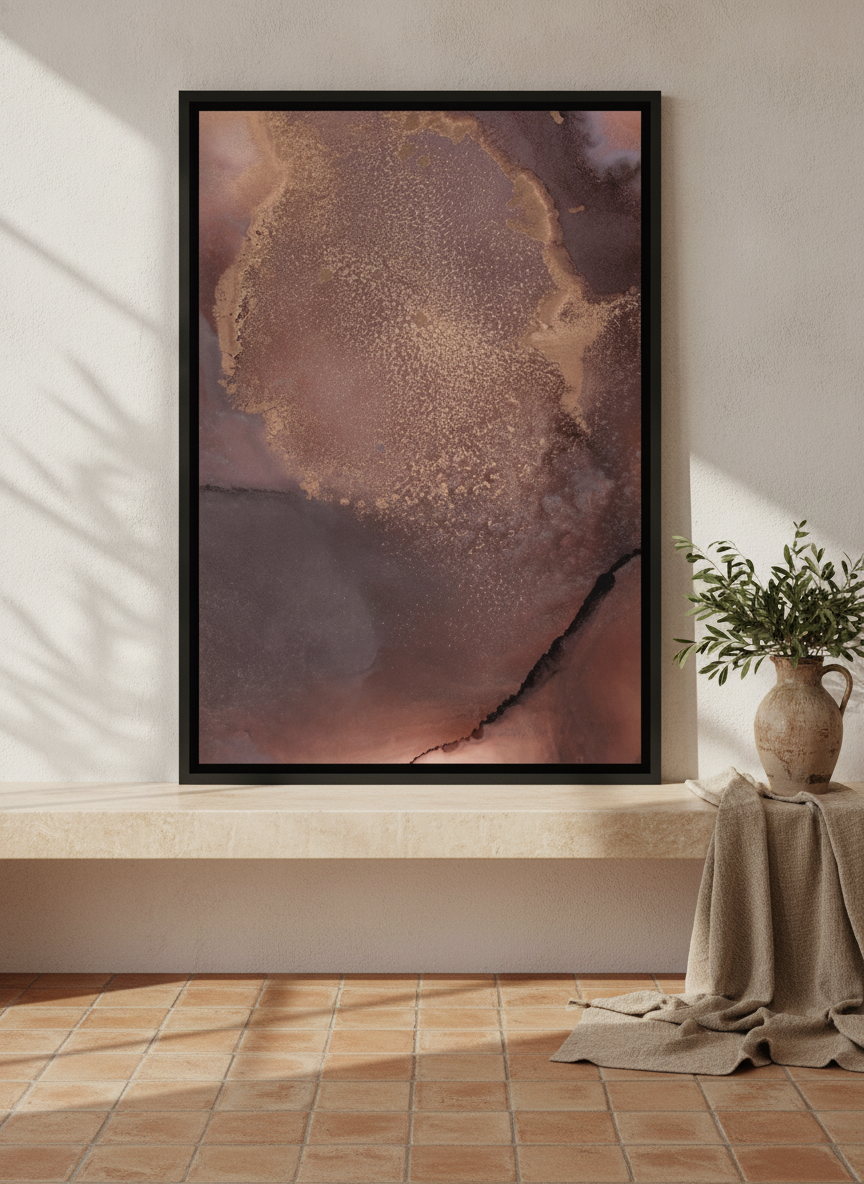 Canvas wall art with a black surround standing on a console in a Mediterranean living room