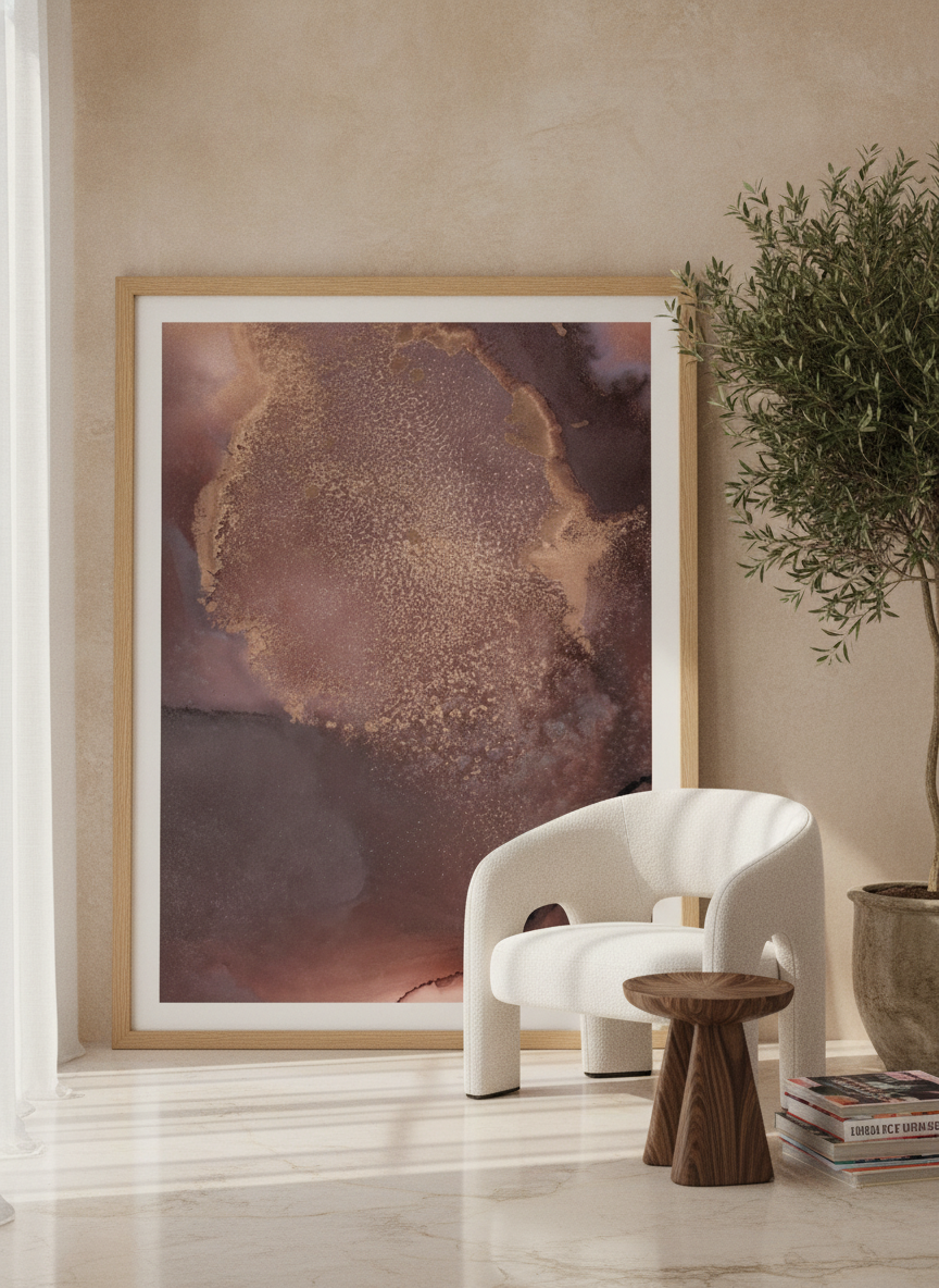 Oversized statement modern wall art print leaning against the wall in a luxe living room
