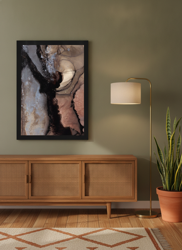 Modern wall art print styled on the wall in a mid-century living room