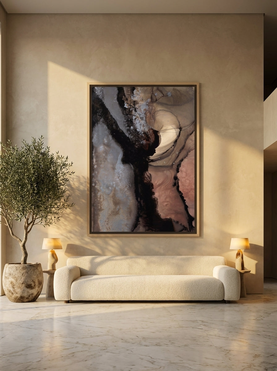Oversized statement canvas wall art with a natural timber surround styled on the wall in a luxe living room