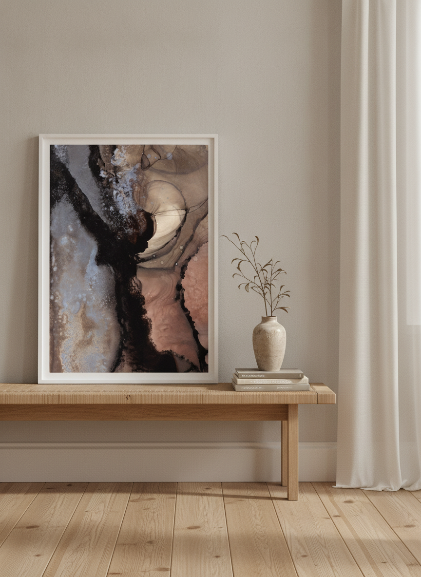 Modern wall art print standing on a bench in a warm Japandi home office