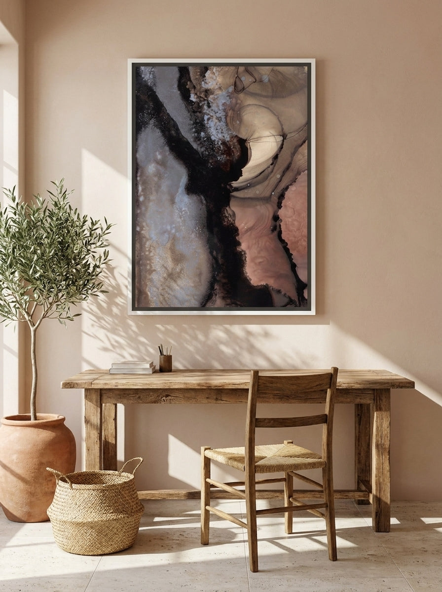 Canvas wall art with a white surround styled on the wall in a Mediterranean home office