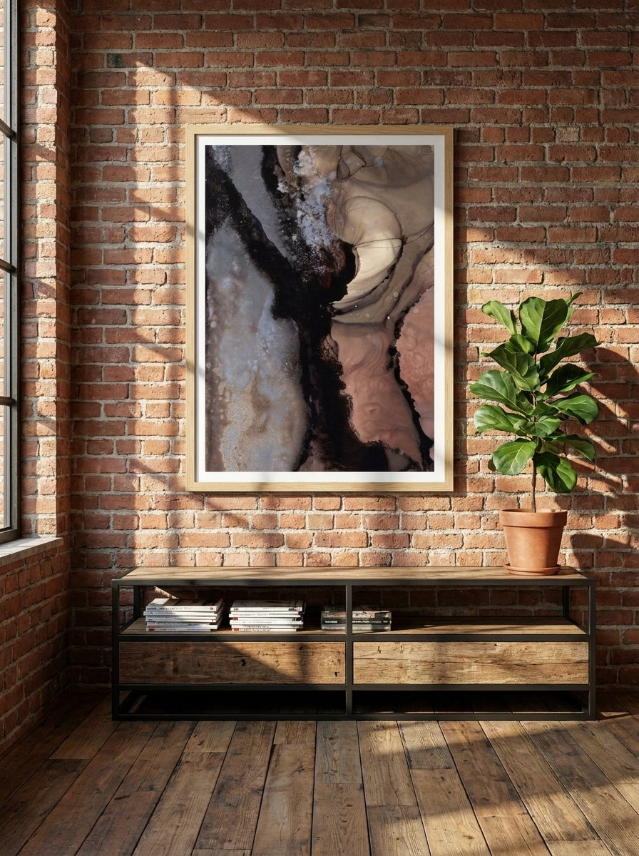 Modern wall art print styled on the wall in an industrial loft living room