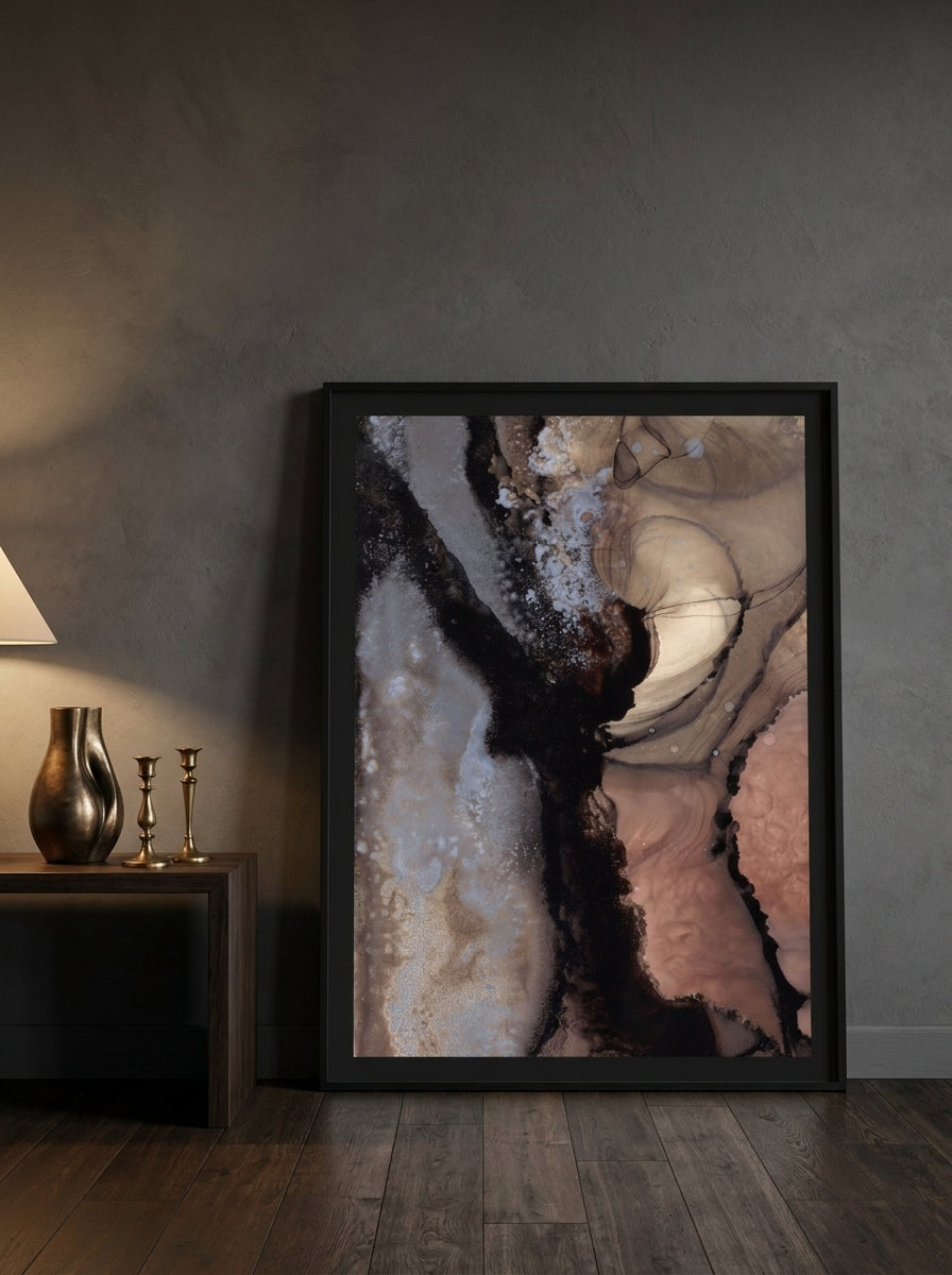Oversized statement modern wall art print leaning against the wall in a moody home office