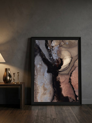Oversized statement modern wall art print leaning against the wall in a moody home office