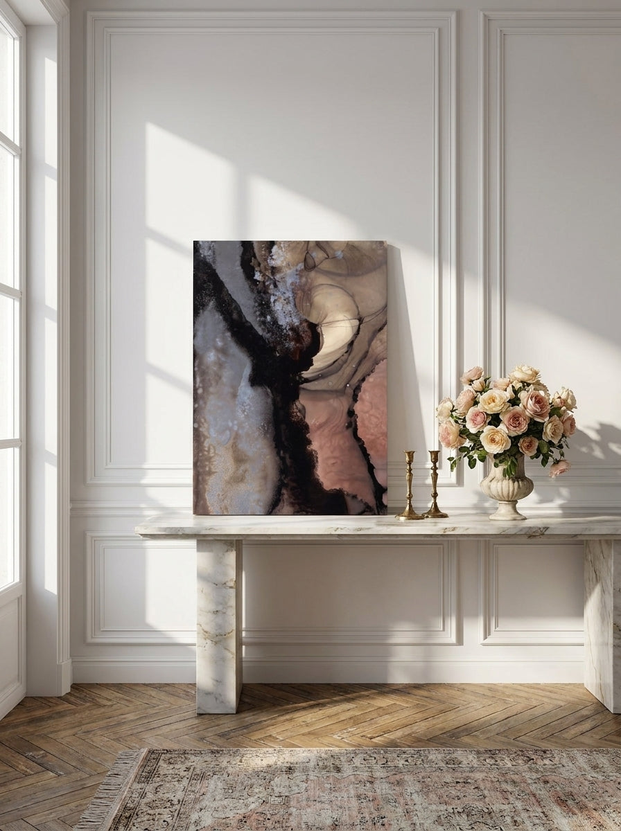 Stretched canvas wall art standing on a console in a Parisian bedroom